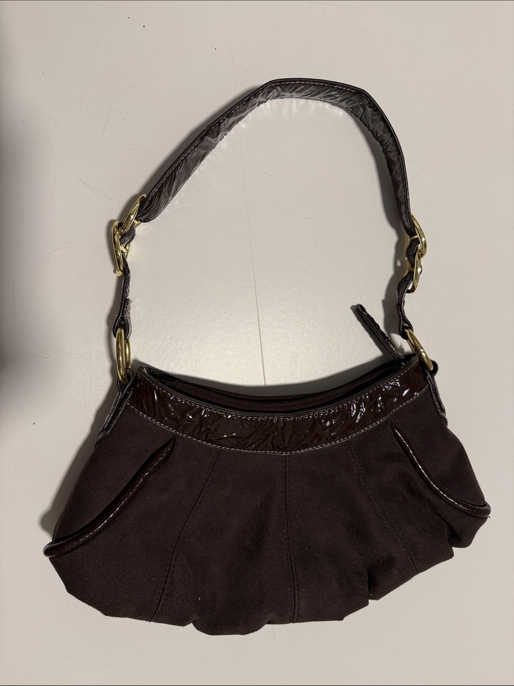 Mondani Dark Brown Suede Shoulder Bag with Patent Trim